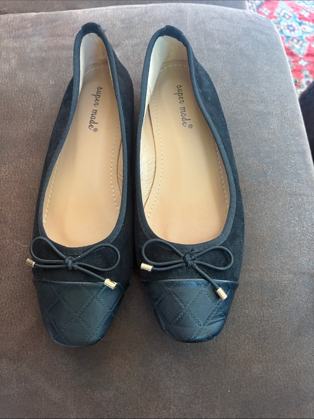 Super Mode Black Quilted Cap-Toe Ballet Flats